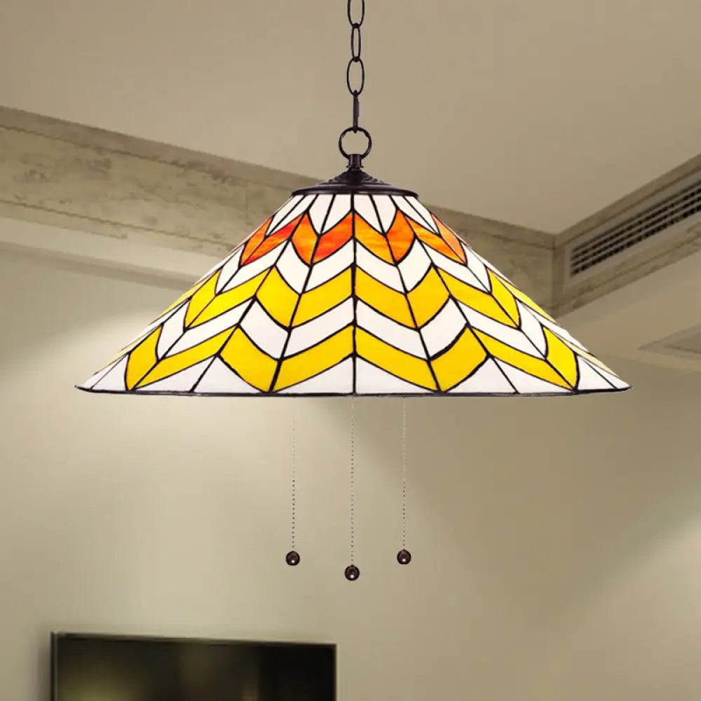 16’/18’ W Single Head Conical Pendant Light In Tiffany-Style Orange And Yellow For Bedroom