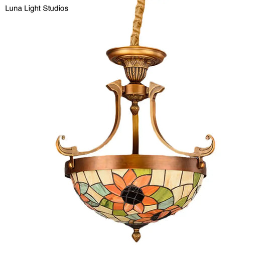 16/18 White Flower/Leaf Chandelier Light With Stained Glass - Victorian Hanging Lamp Kit (3 Lights)