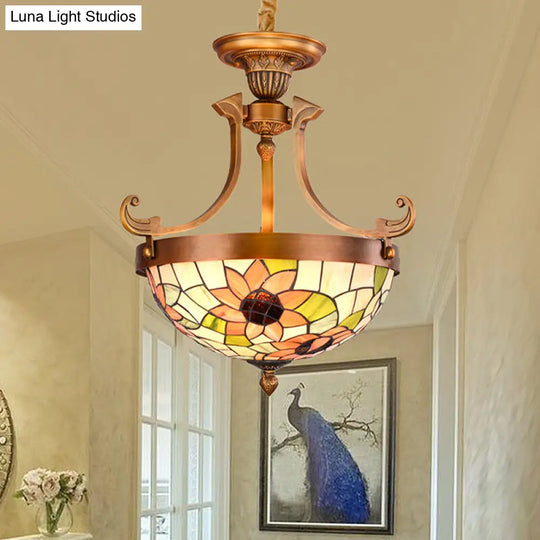 16/18 White Flower/Leaf Chandelier Light With Stained Glass - Victorian Hanging Lamp Kit (3 Lights)