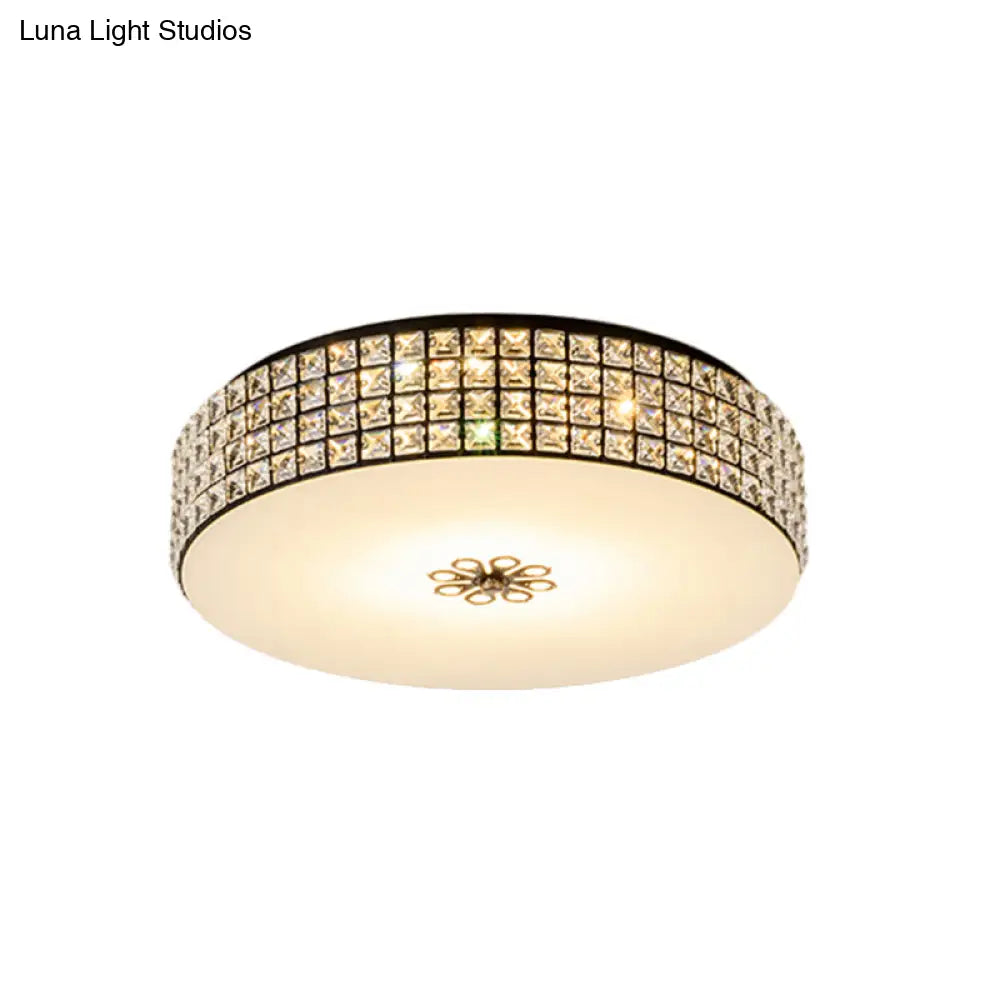 16/19.5 Clear Crystal Led Drum Flush Mount Lamp - Contemporary Ceiling Light For Bedroom