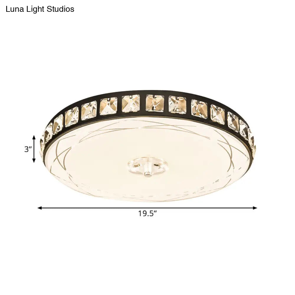 16/19.5 Contemporary Drum Ceiling Light: Led Crystal Flush Lamp Fixture (Black)