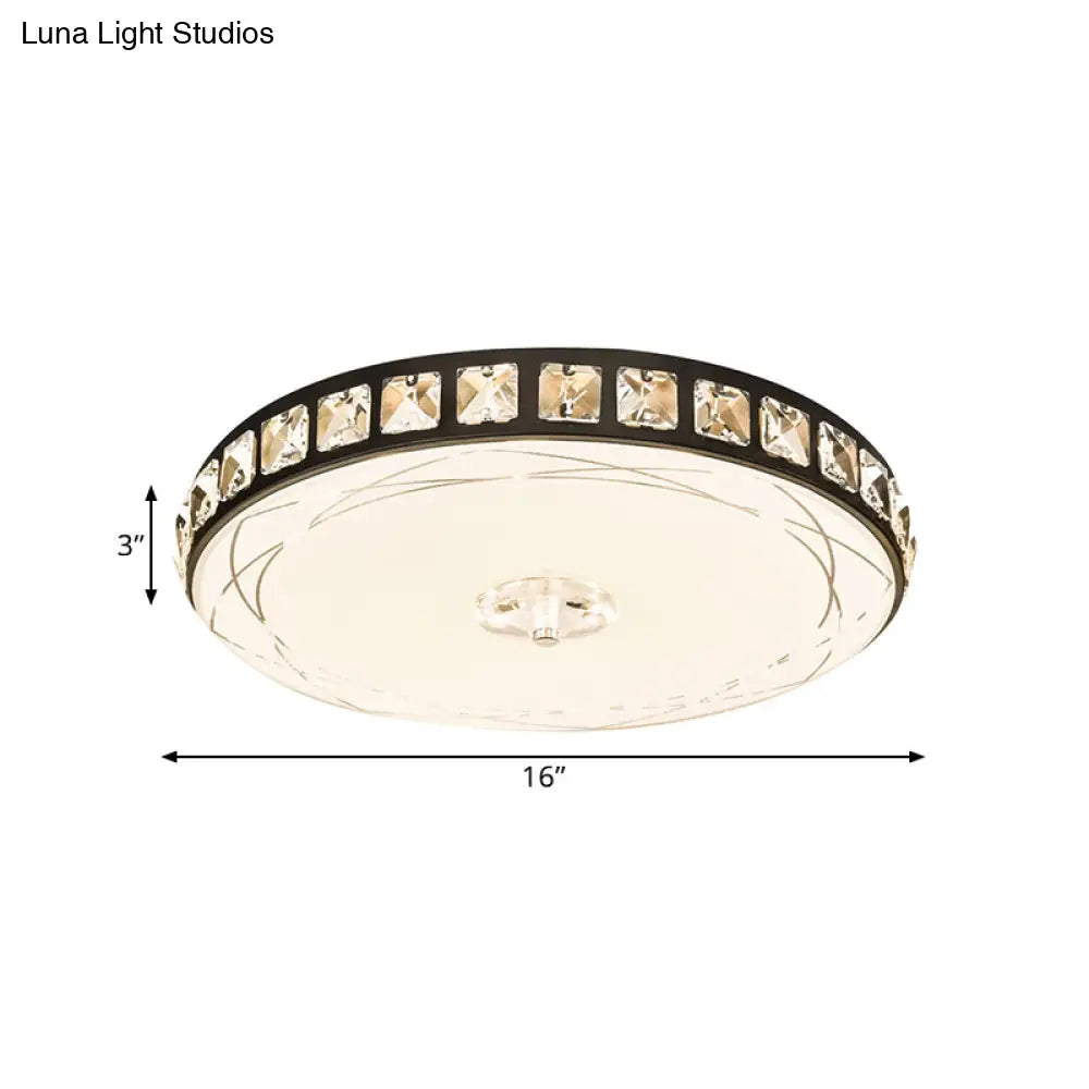 16’/19.5’ Contemporary Drum Ceiling Light: Led Crystal Flush Lamp Fixture (Black)