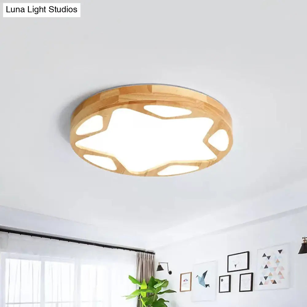 16/19.5 Minimalist Wood Led Ceiling Light With Star Design In Warm/White/Natural - Beige Flush Lamp
