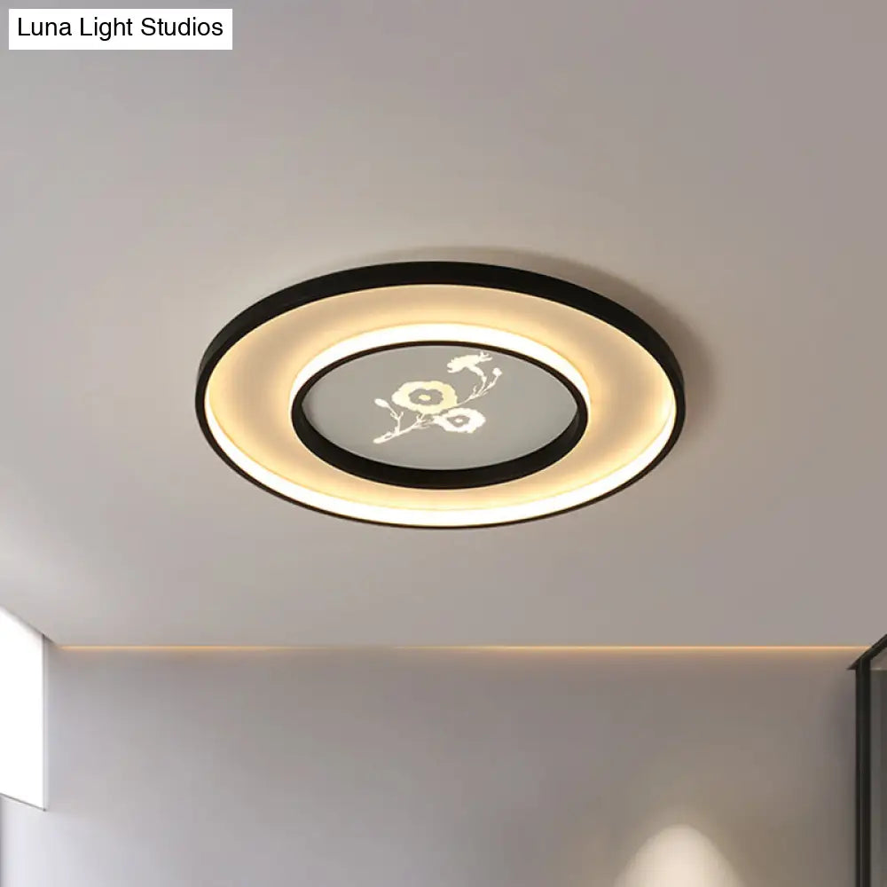 16/19.5 Modern Round Flush Mount Acrylic Led Ceiling Light Fixture In Black With Flower Pattern