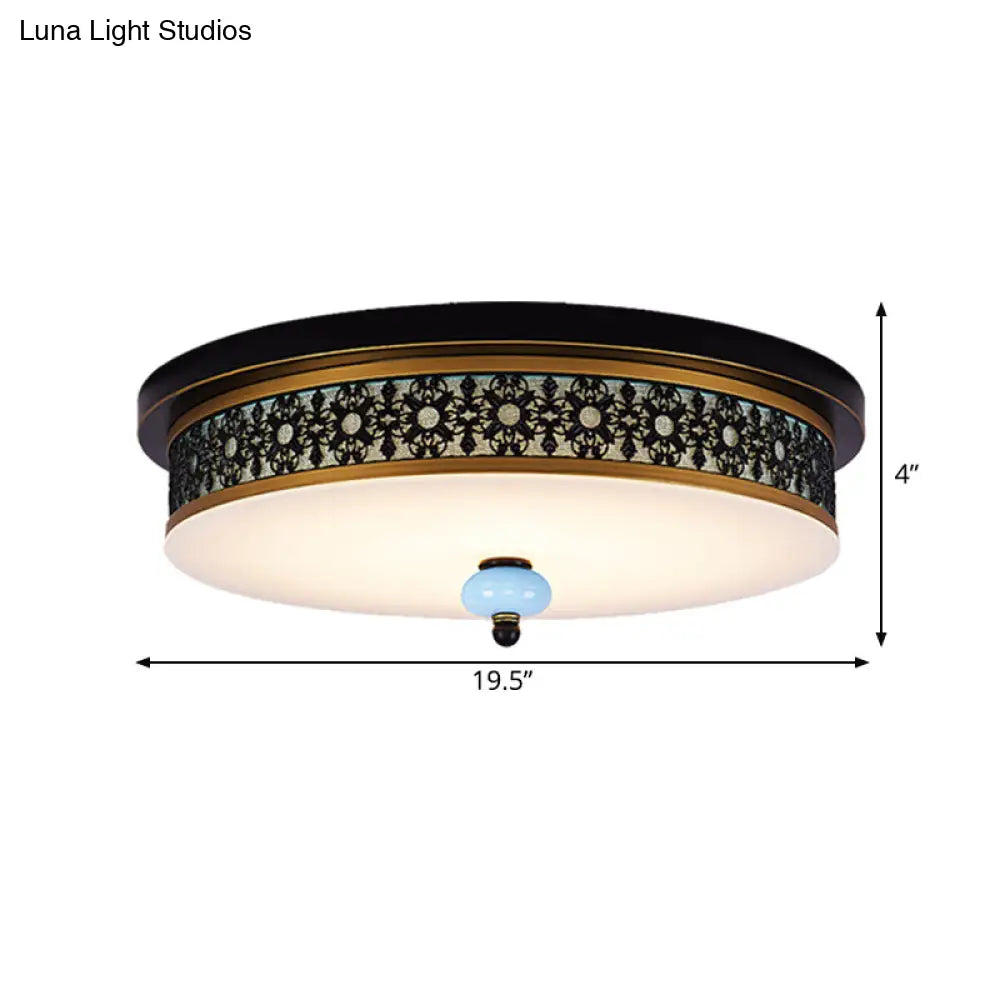 16’ - 19.5’ W Led Flush Mount Ceiling Light Fixture | Black - Gold Opal Glass Drum Dining Hall