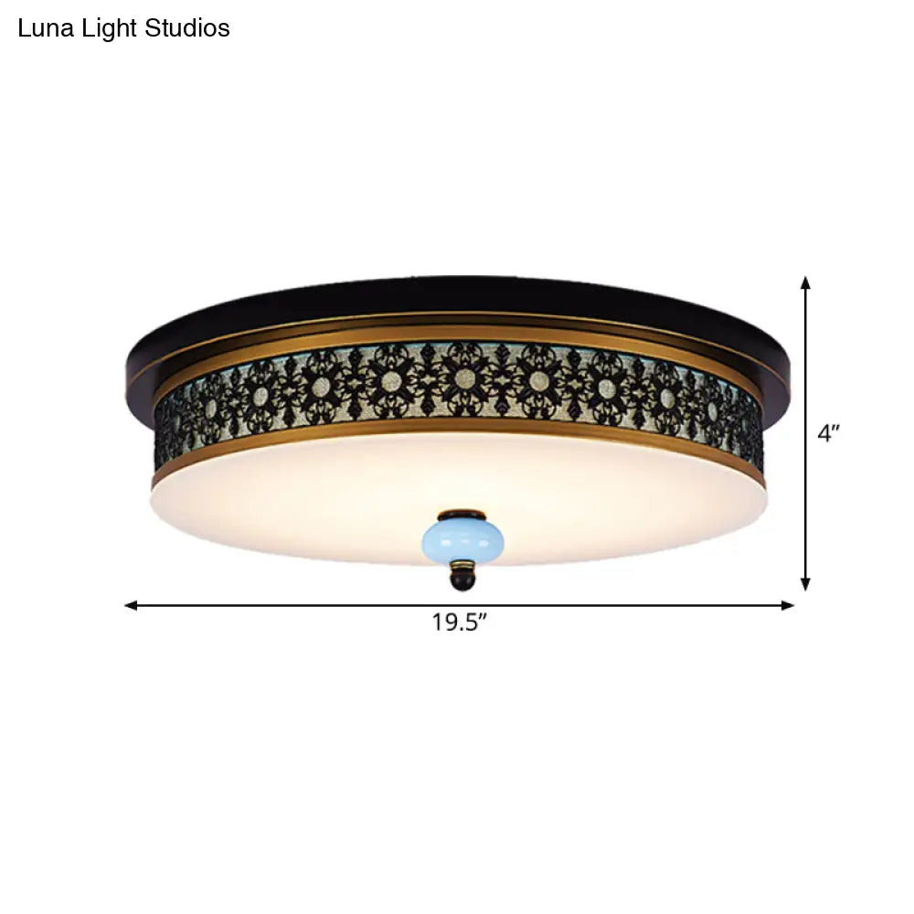 16 - 19.5 W Led Flush Mount Ceiling Light Fixture | Black-Gold Opal Glass Drum Dining Hall