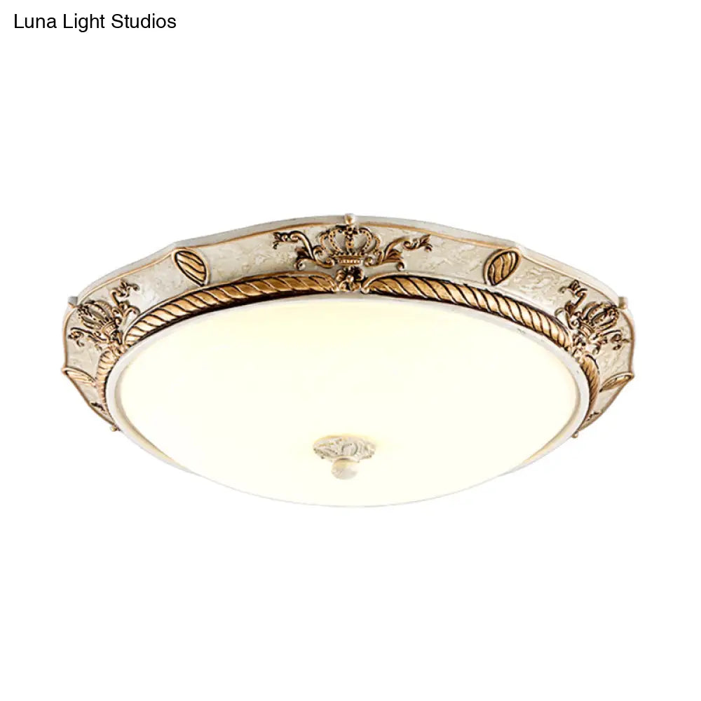 16/19.5 W Vintage Led Ceiling Mount Light Fixture With Milky Glass Dome Shade (White/Gold) For