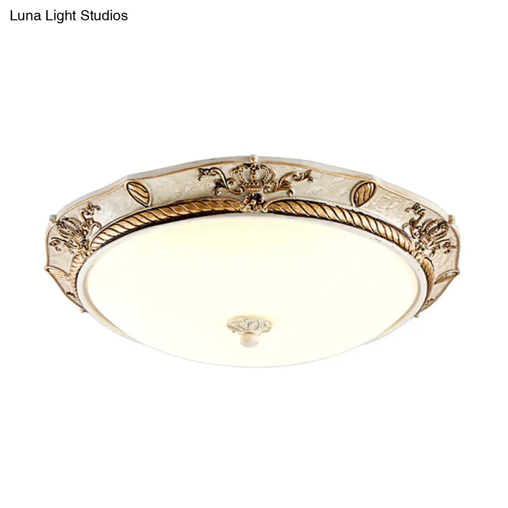 16’/19.5 W Vintage Led Ceiling Mount Light Fixture With Milky Glass Dome Shade (White/Gold) For