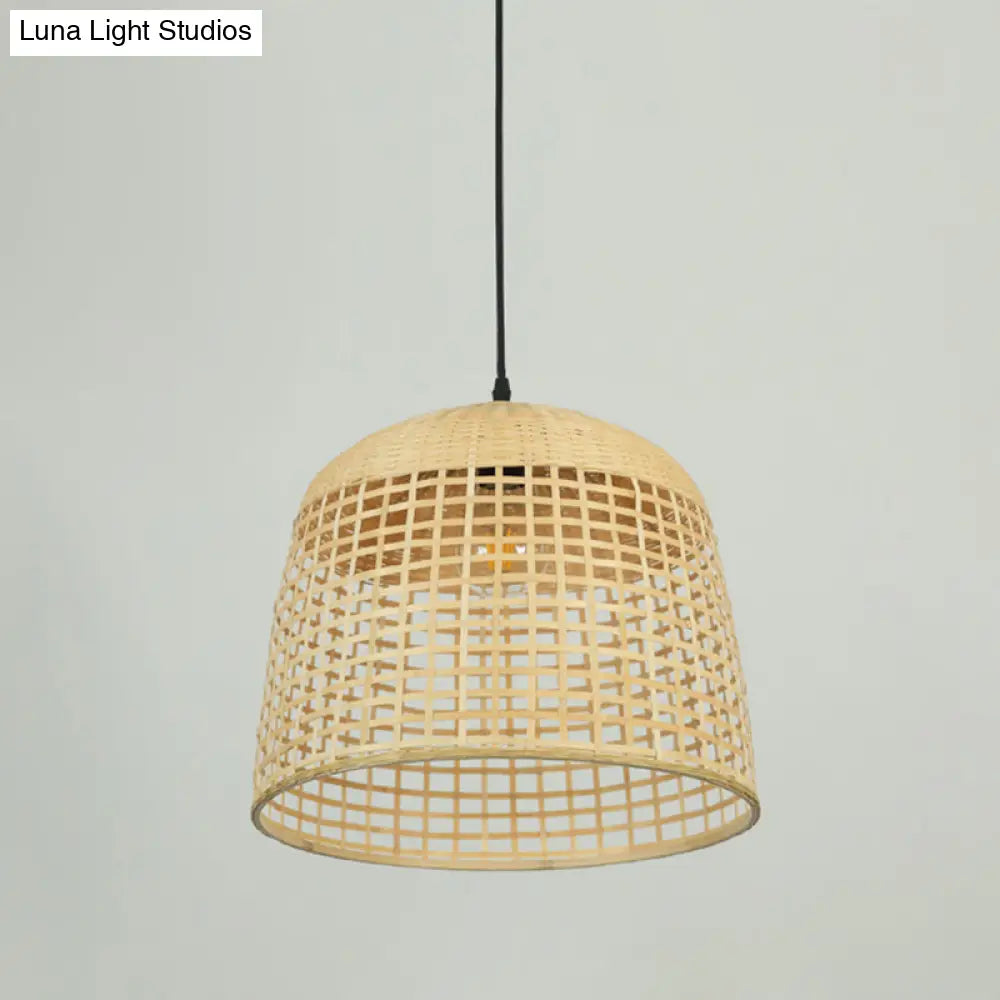 16/19.5 Wide Beige Domed Pendant Ceiling Light - Asian Style Bamboo Hanging Lamp