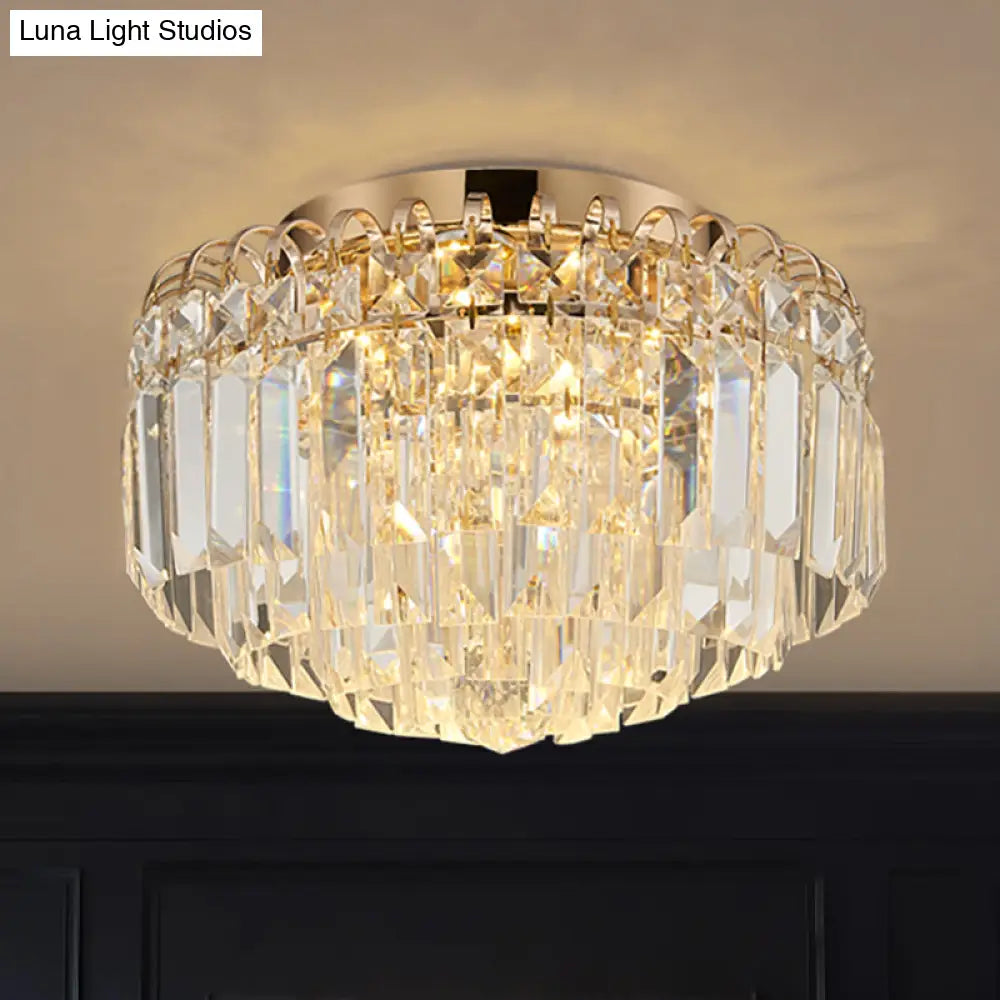 16’/19.5’ Width Crystal Prism Flush Mount Led Ceiling Fixture In Brass With Modern Round Shade