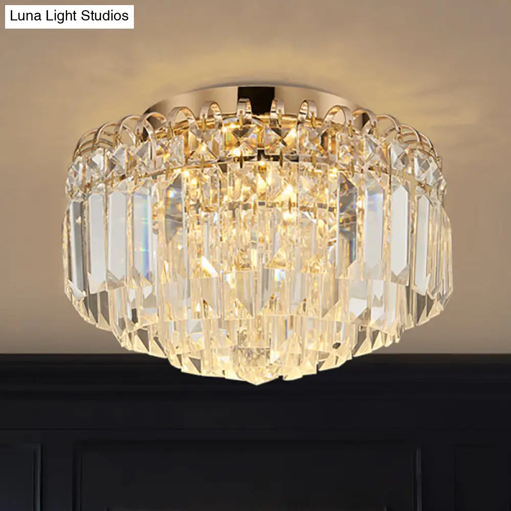 16/19.5 Width Crystal Prism Flush Mount Led Ceiling Fixture In Brass With Modern Round Shade