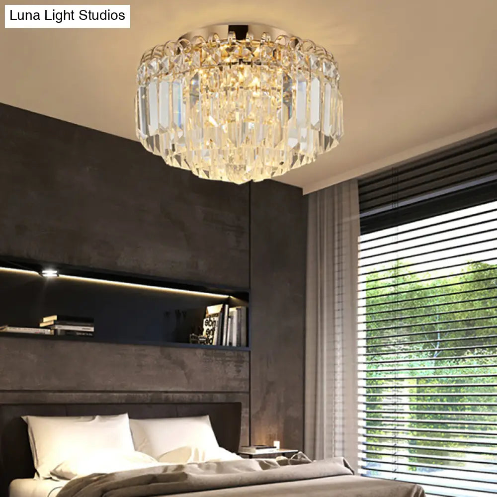 16’/19.5’ Width Crystal Prism Flush Mount Led Ceiling Fixture In Brass With Modern Round Shade