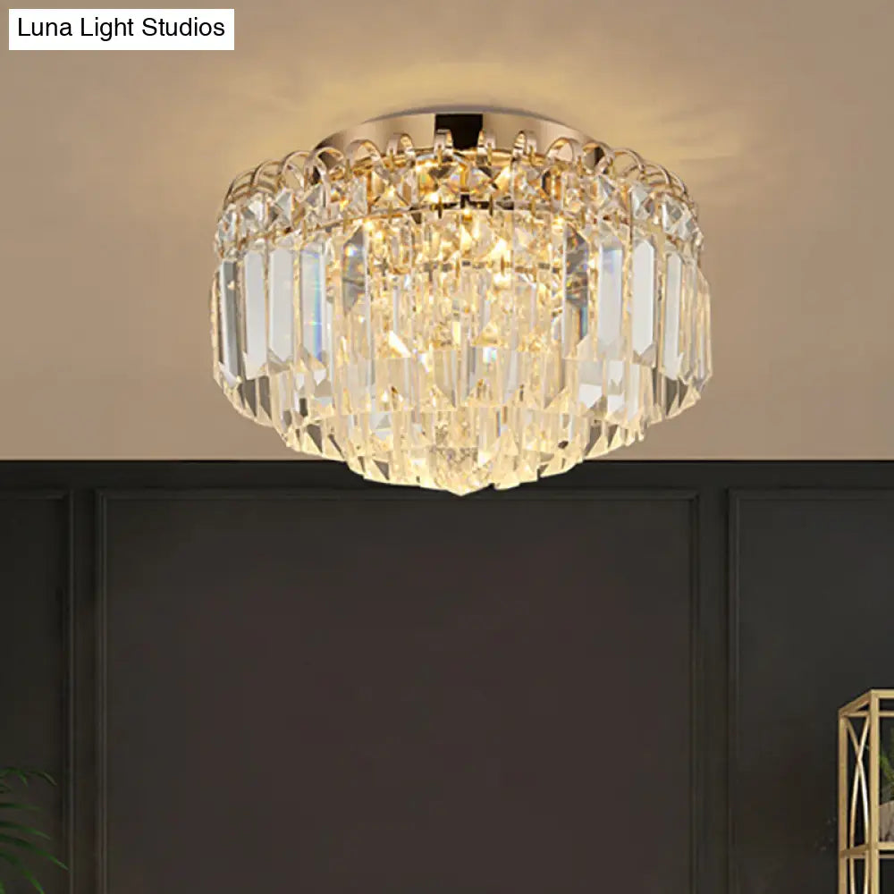 16/19.5 Width Crystal Prism Flush Mount Led Ceiling Fixture In Brass With Modern Round Shade Gold /