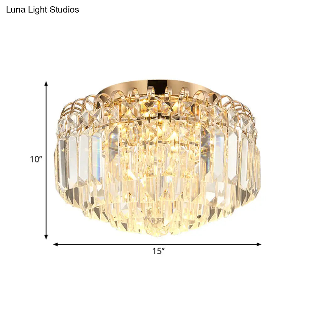 16/19.5 Width Crystal Prism Flush Mount Led Ceiling Fixture In Brass With Modern Round Shade