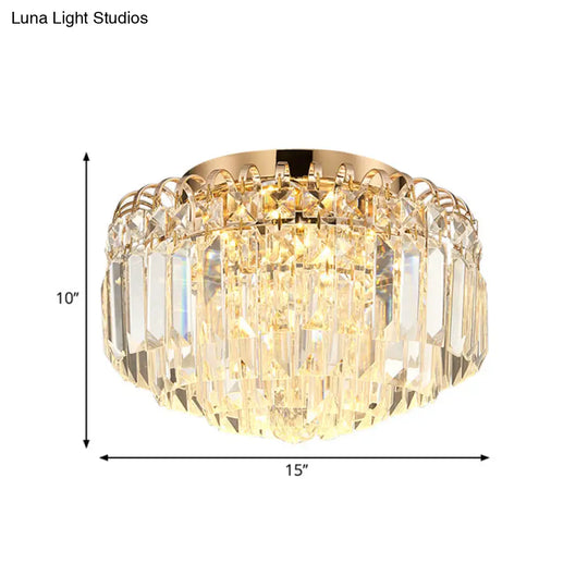 16/19.5 Width Crystal Prism Flush Mount Led Ceiling Fixture In Brass With Modern Round Shade