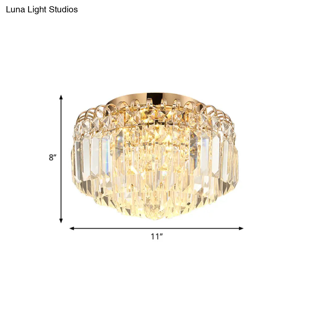 16/19.5 Width Crystal Prism Flush Mount Led Ceiling Fixture In Brass With Modern Round Shade