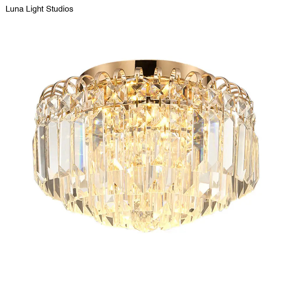 16/19.5 Width Crystal Prism Flush Mount Led Ceiling Fixture In Brass With Modern Round Shade