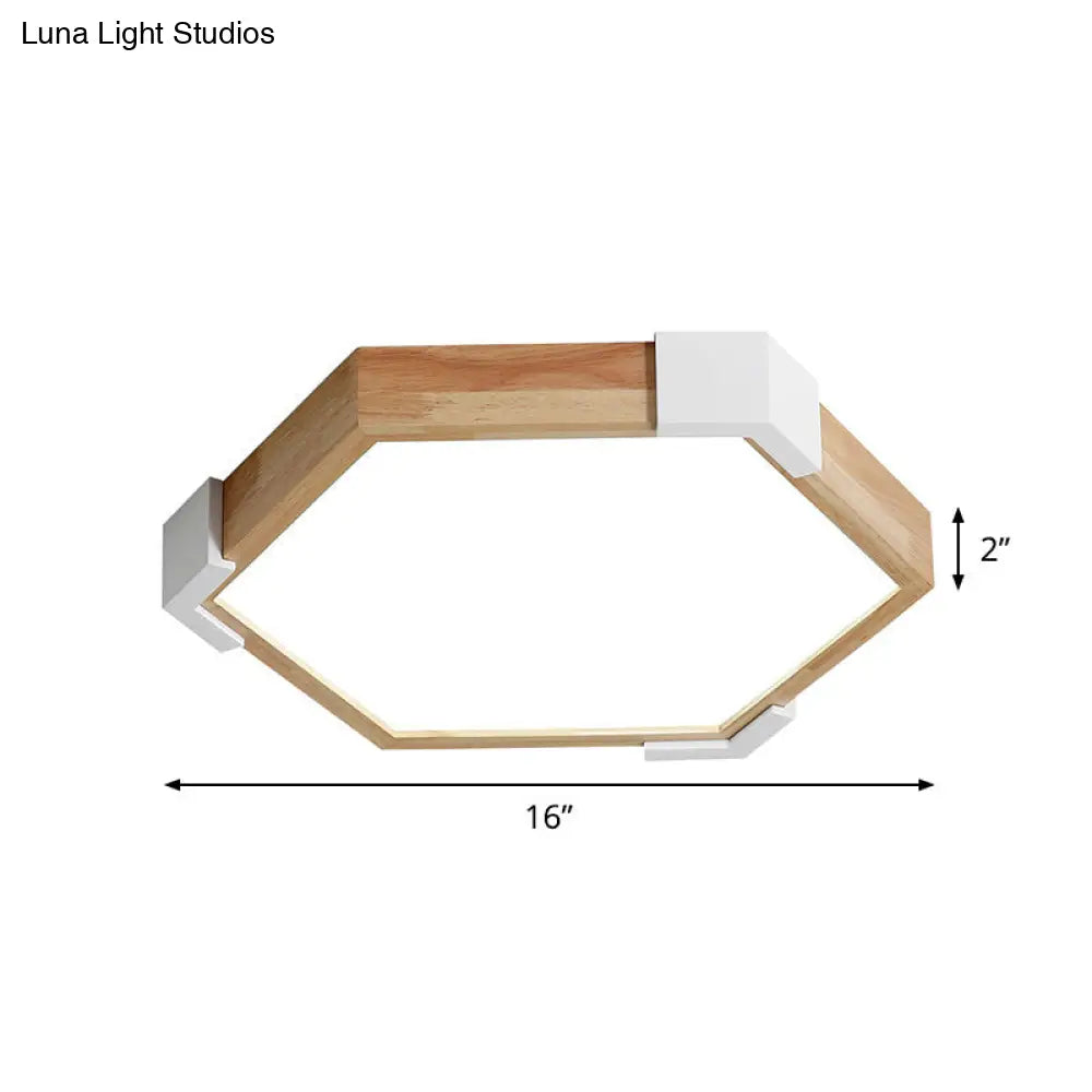 16’/20’ W Hexagon Flush Led Bedroom Lamp In White/Warm Light - Simple Wood Design