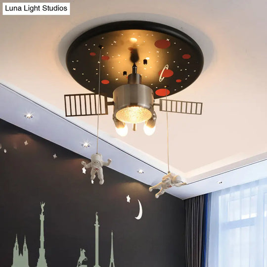 16/22 Wide Black Space Satellite Flush Light With 2 Lights And Resin Spacemen Sculpture Ceiling