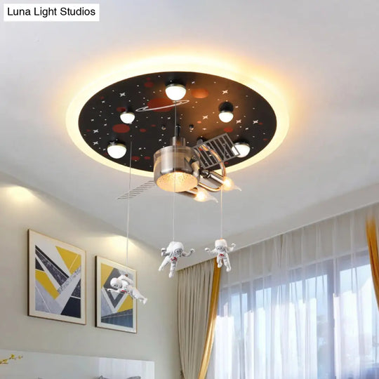 16/22 Wide Black Space Satellite Flush Light With 2 Lights And Resin Spacemen Sculpture Ceiling