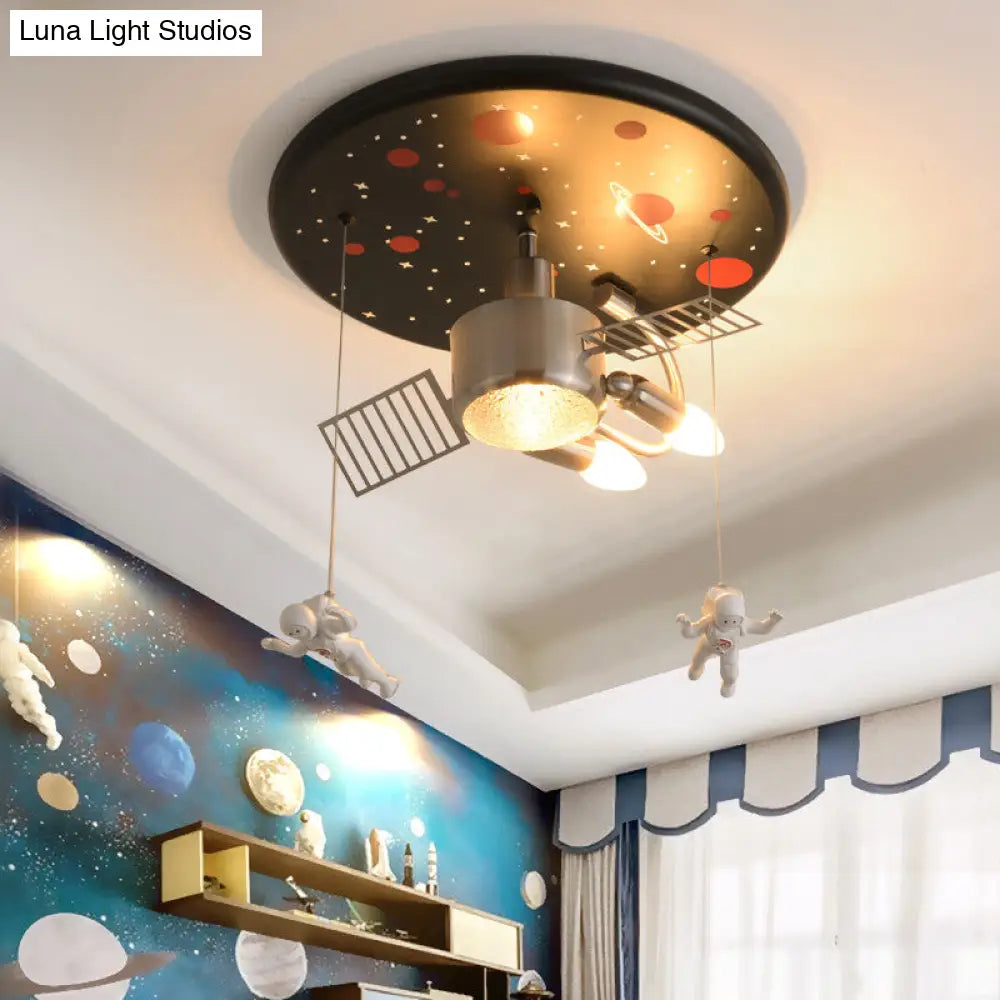 16/22 Wide Black Space Satellite Flush Light With 2 Lights And Resin Spacemen Sculpture Ceiling