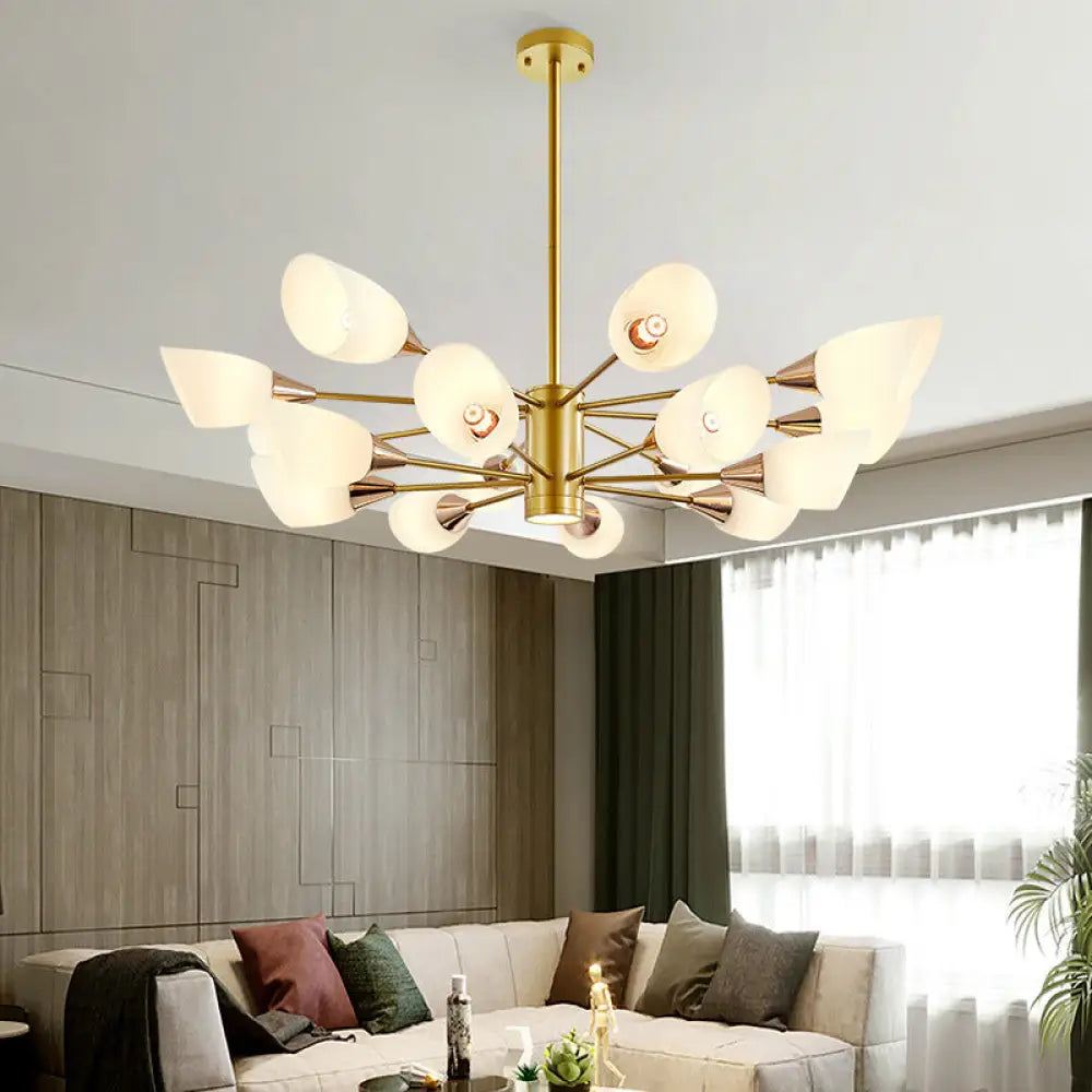 16-Bulb White Frosted Glass Chandelier - Post Modern Gold Floral Ceiling Lamp