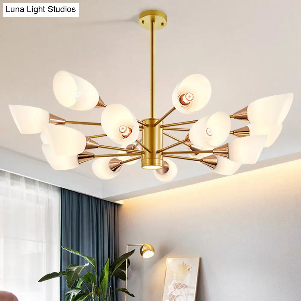 16-Bulb Post Modern Chandelier With Frosted Glass Shade And Gold Floral Design - Hanging Ceiling