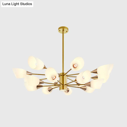 16-Bulb White Frosted Glass Chandelier - Post Modern Gold Floral Ceiling Lamp