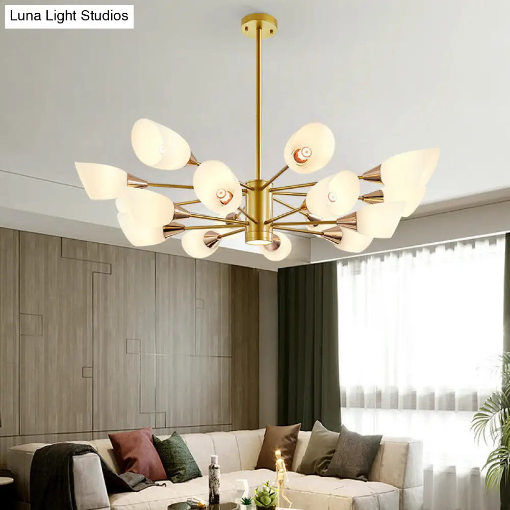 16-Bulb Post Modern Chandelier With Frosted Glass Shade And Gold Floral Design - Hanging Ceiling