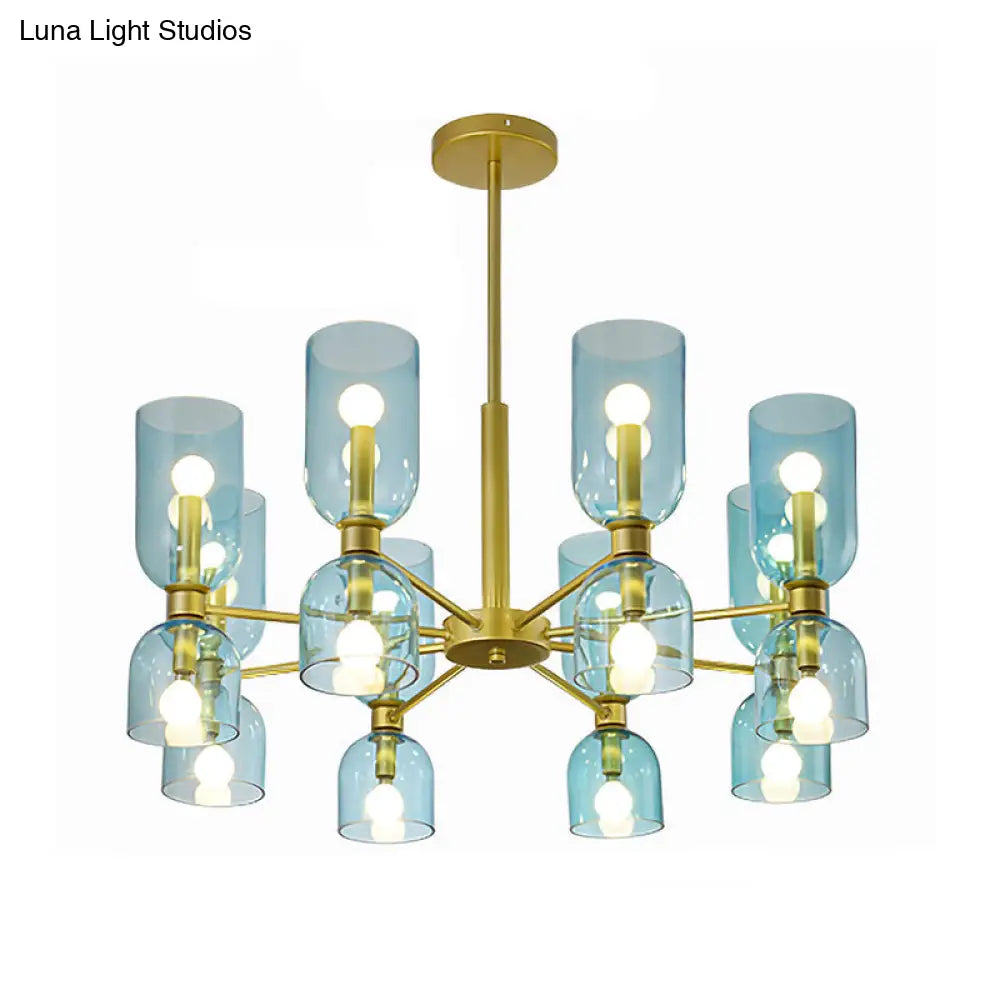 16-Head Modernist Chandelier Lamp In Black/Gold With Cylinder Pendant Light & Glass Shade