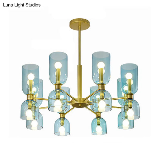 16-Head Modernist Chandelier Lamp In Black/Gold With Cylinder Pendant Light & Glass Shade