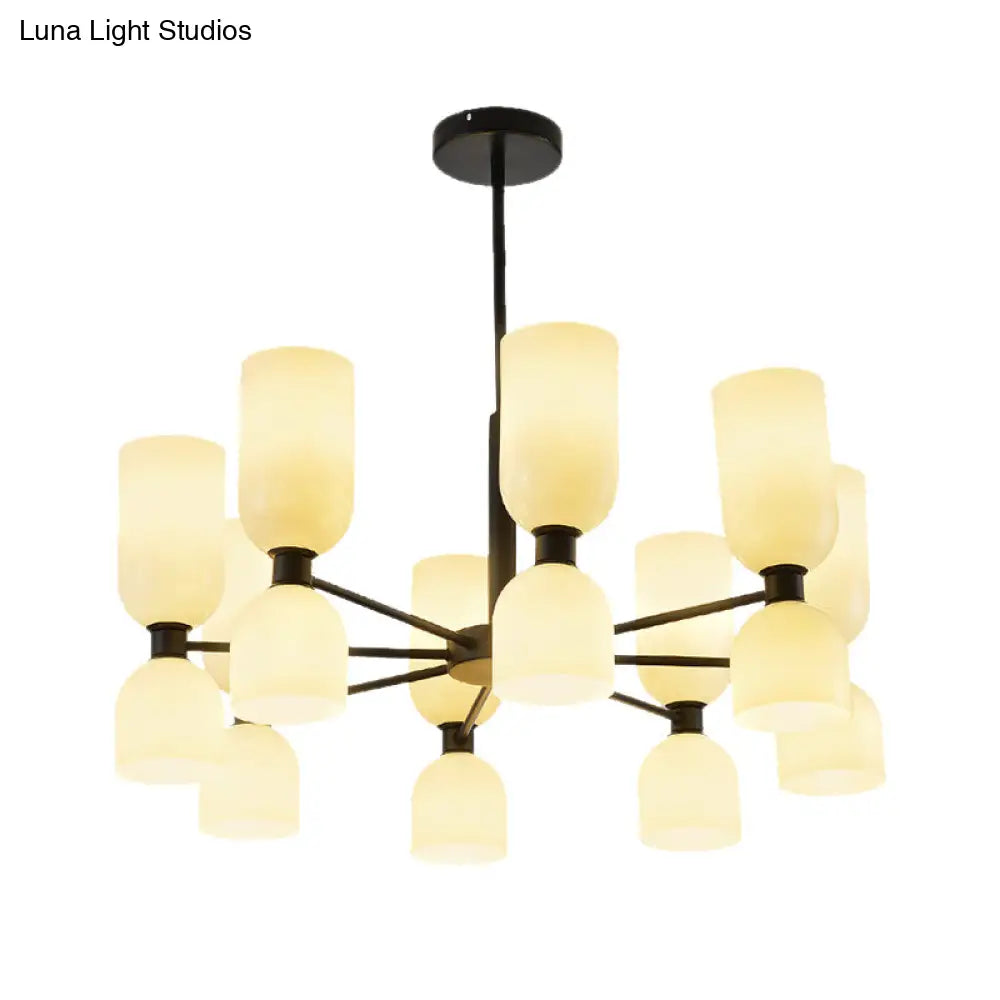 16-Head Modernist Chandelier Lamp In Black/Gold With Cylinder Pendant Light & Glass Shade