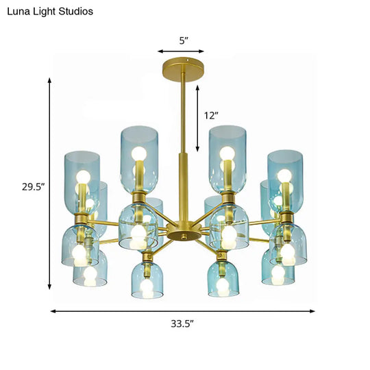 16-Head Modernist Chandelier Lamp In Black/Gold With Cylinder Pendant Light & Glass Shade