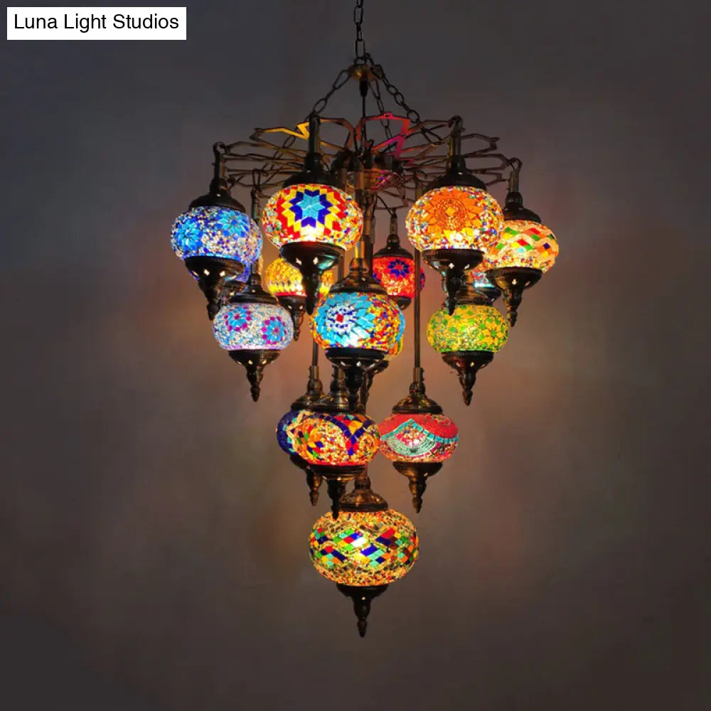 Vintage Stained Glass 16-Head Yellow Oval Pendant Chandelier - Elegant Living Room Hanging Light Kit