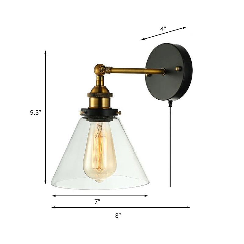 Industrial Bedroom Wall Lamp - Clear Glass Sconce Light With Black Conical Fixture