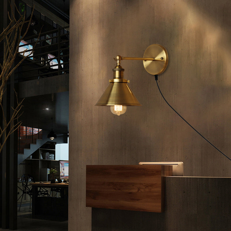 Metal Industrial Indoor Wall Sconce With Conic Shade - Brass Finish