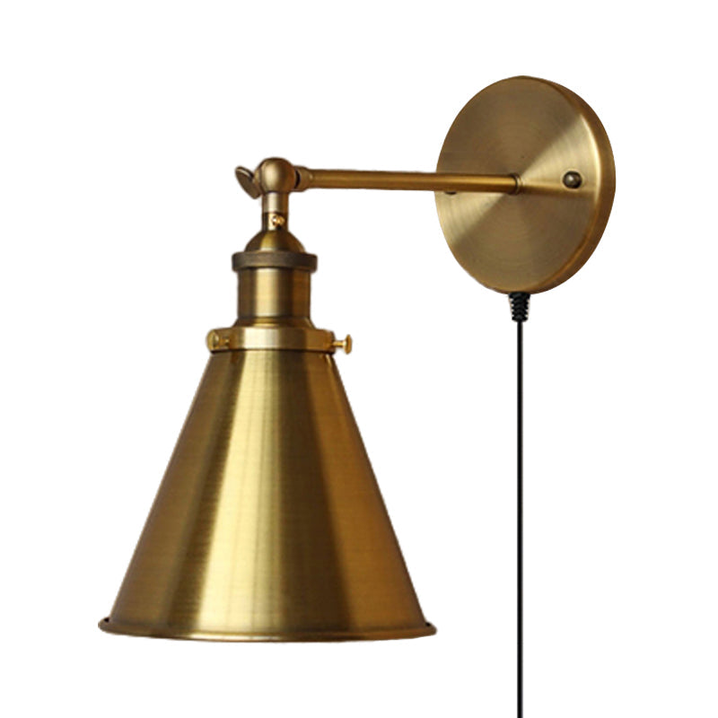 Retro Brass Metal Wall Light With Plug-In Cord - Tapered Bulb Fixture For Living Room