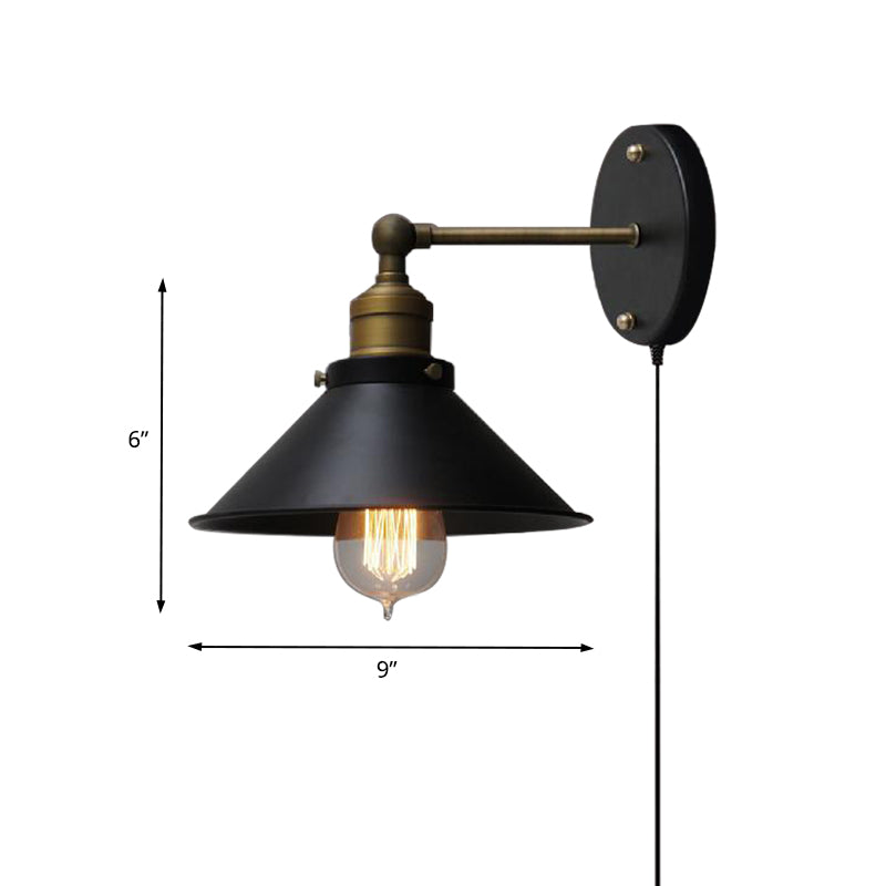 Metal Wall Mounted Vintage Style Black Finish Conical Sconce Lighting