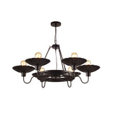 Vintage Style Black Chandelier With 6 Scalloped Shade Lights For Restaurants