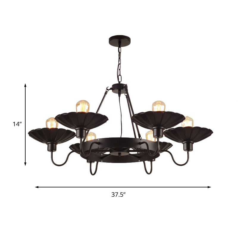 Vintage Style Black Chandelier With 6 Scalloped Shade Lights For Restaurants