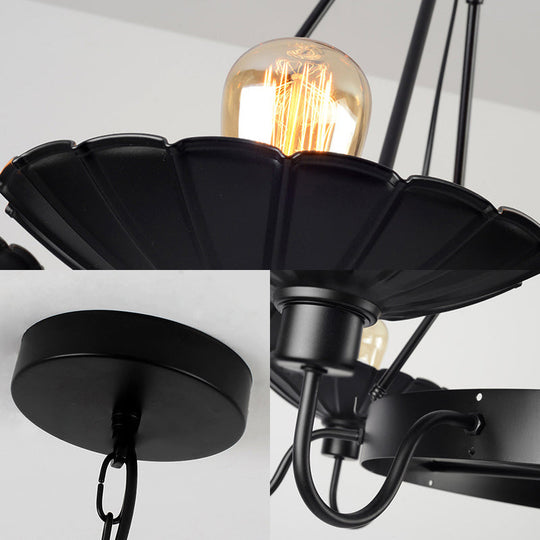 Vintage Style Black Chandelier With 6 Scalloped Shade Lights For Restaurants
