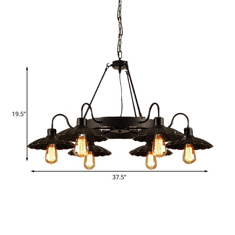 Vintage Style Restaurant Chandelier - 6 Head Down/Up Light with Scalloped Shade in Black