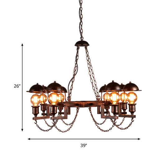 Antique Rust Metal Ring Chandelier With Half-Globe Shade - 8 Heads Ideal For Villa