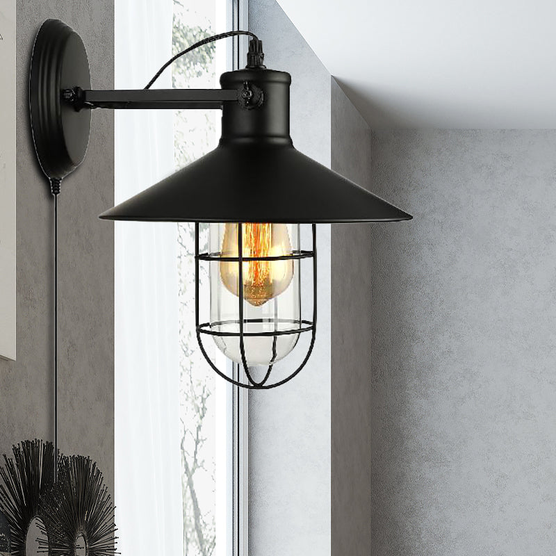 Industrial Black Cone Sconce With Clear Glass - Kitchen Wall Lamp Cage And Plug-In Cord