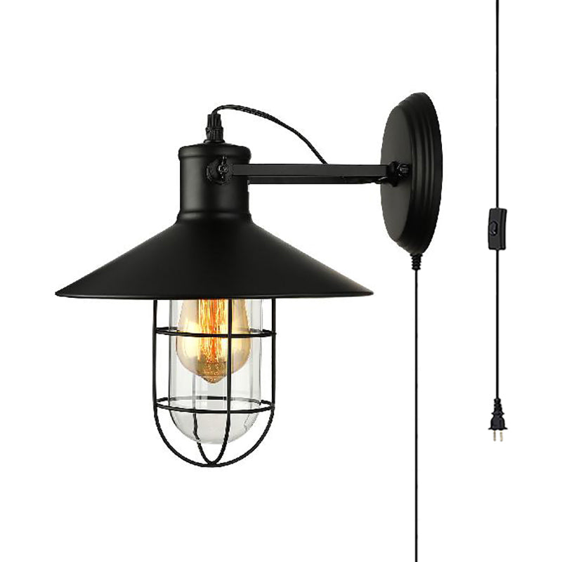 Industrial Black Cone Sconce With Clear Glass - Kitchen Wall Lamp Cage And Plug-In Cord