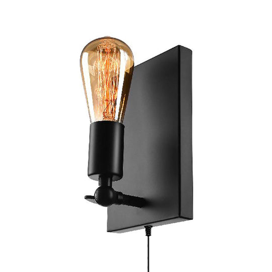 Retro Loft Black Metal Sconce Lamp: 1-Light Plug-In Wall Lamp With Exposed Bulb - Dining Room