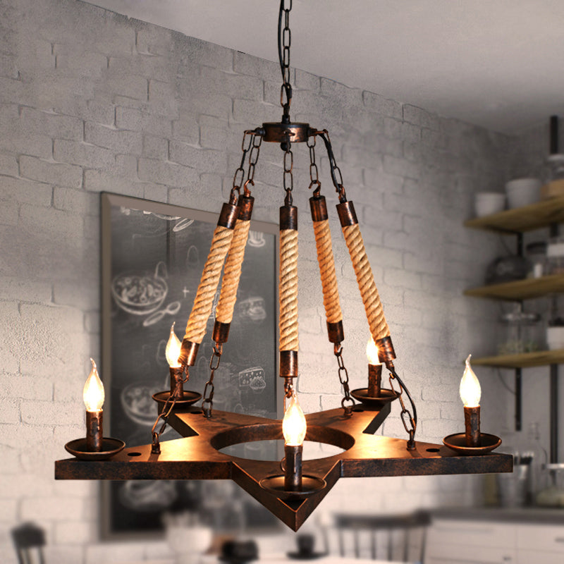 Rustic 5-Light Metallic Star Chandelier Pendant Lamp for Restaurants with Open Bulb