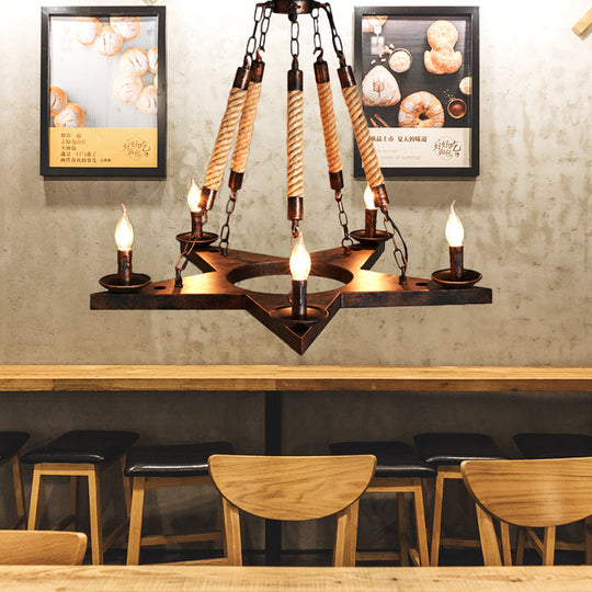 Rustic 5-Light Metallic Star Chandelier Pendant Lamp for Restaurants with Open Bulb