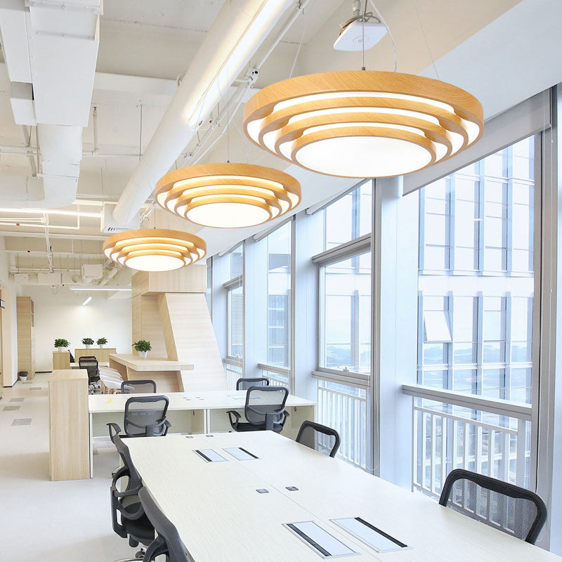 Modern Led Pendant Light: Stylish Multi-Layer Wood Design 1-Light Office Ceiling Fixture In