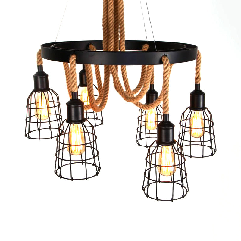 Vintage Style Black Metal Chandelier Pendant With Multi Lights And Rope - Global/Bell Cage Design